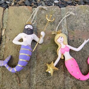 Glitterville Merman With Trident And Mermaid Holding Star Ornaments EUC